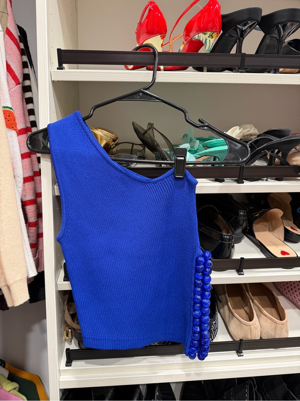 Zara Electric Blue One-Shoulder Ribbed Knit Top with Beaded Detail